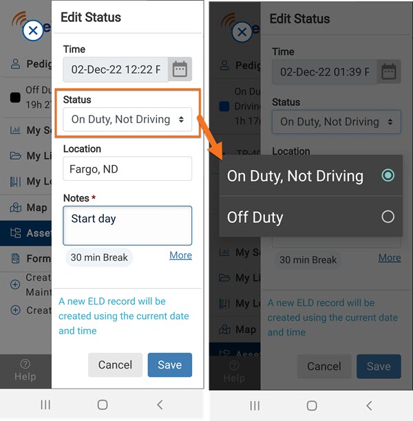 Driver Change Duty Status with OneView Mobile