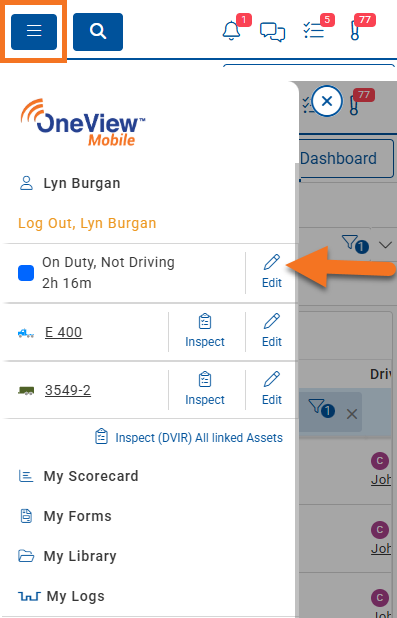 Driver Change Duty Status with OneView Mobile